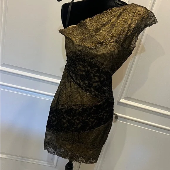 Bebe Dresses | Bebe One-Shoulder Lace Dress In Black And Gold, Its Also Fits Medium To Large, | Color: Black/Gold | Size: L | Agcdaher's Closet Bebe Dresses | Bebe One-Shoulder Lace Dress In Black And Gold, Its Also Fits Medium To Large, | Color: Black/Gold | Size: L | Agcdaher's Closet